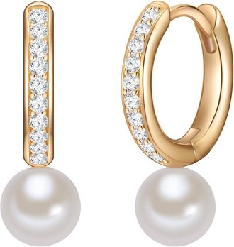 Valero Pearls Womens Hoop earring sterling silver yellow gold freshwater cultured pearl white zirconia - One Size