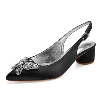 Generic Womens Chunky Heels Pointed Toe Wedding Shoes Satin Low Heels Elegant Bridal Slingback Party Evening Dress Shoes 4.5Cm,Black,5 UK