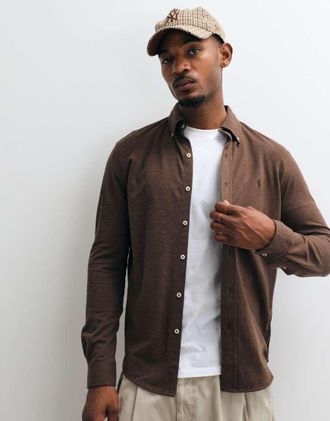 Polo Ralph Lauren camicia in piqu&eacute; con logo icon, marrone m&eacute;lange