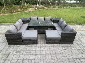 Fimous Wicker PE Rattan Garden Furniture Sofa Set Outdoor Adjustable Rising Lifting Dining Table Set 11 Seater in Dark Grey