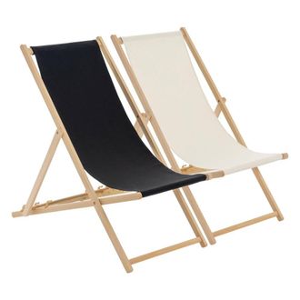 Harbour Housewares Folding Wooden Deck Chairs Black/Cream Pack of 2