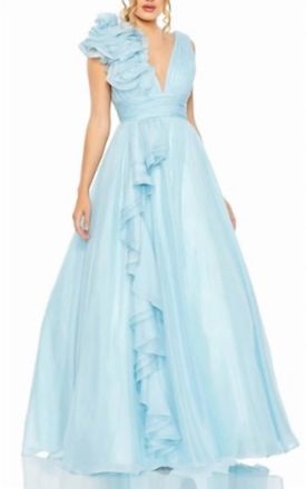 Mac Duggal Ruffle A-Line Gown In Powder Blue