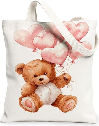 Generic Bear Canvas Tote Bags, Cute Animal Heart Balloon Pattern Reusable Grocery Bags, Spring Vintage Lightweight Washable Shoulde, White, 13x15 Inch