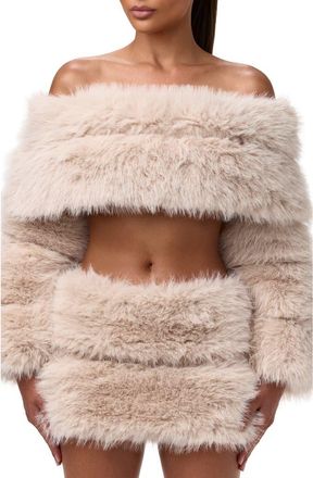 Naked Wardrobe Faux Fur Off the Shoulder Long Sleeve Crop Top in Taupe at Nordstrom, Size Medium