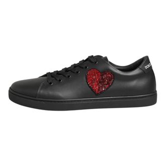 Dolce & Gabbana Laced Shoes, female, Black, Size: 7 1/2 US Black Leather Crystal Heart Sneakers