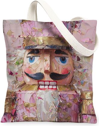 Generic Nutcracker Canvas Tote Bags, Vintage Artistic Pattern Reusable Grocery Bags, Holiday Decorative Lightweight Washable Should, Peach, 13x15 Inch