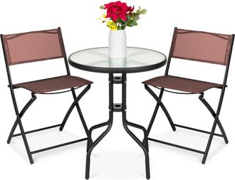 Best Choice Products 3-Piece Patio Bistro Dining Furniture Set w/ Round Textured Glass Tabletop, Folding Chairs