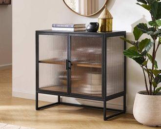 Castlery Panes Fluted Glass Sideboard with Gunmetal Frame and Tempered Glass - Black