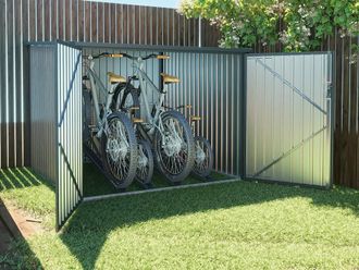 Vente-Unique 4-Bike Metal Bike Shed - Galvanized Steel With Wood Effect - 4 M&sup2; in Walnut
