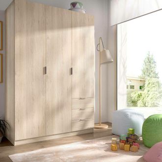 Dmora Armario Dbarro, Perchero Para Dormitorio, Armario Con 3 Puertas Batientes Y 3 Cajones, 121x52h184 Cm, Roble - Dmora