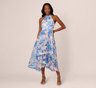 Adrianna Papell Sleeveless Floral Organza High Low Dress In Blush Blue Multi