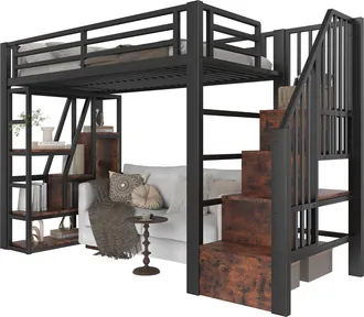 STILVORA Cama Alta 90 X 200 Cm Con Led, Estantes, Escalera De Almacenamiento Y Barandillas, Sin Colch&oacute;n, De Metal, Negro