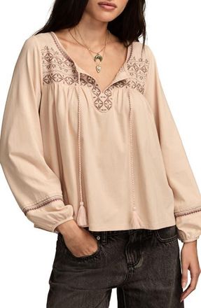 Lucky Brand Embroidered Cotton Peasant Top in Peach Blossom at Nordstrom, Size Xx-Large