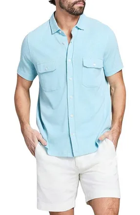 Billy Reid Hemp & Cotton Knit Short Sleeve Button-Up Shirt in Sky Blue at Nordstrom, Size Xx-Large