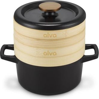 alva Nori Enameled Cast Iron Cocotte with Steamer Inserts, 2.5-Qt. in Black at Nordstrom