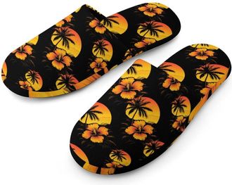 Generic Hawaiian Sunset Palm Trees Flannel Mens Slip-on Slippers Winter Warm House Shoes with Rubber Sole for Home Hotel