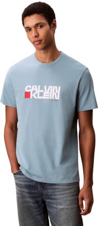 Calvin Klein Mens Short Sleeve Redbox Graphic T-Shirt with Logo, Blue (Smoke Blue), XL