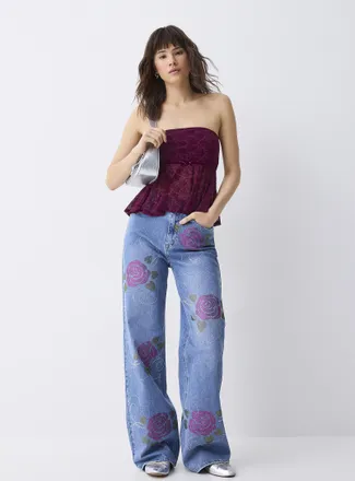 Twik Womens Rhinestone flowers wide-leg jean