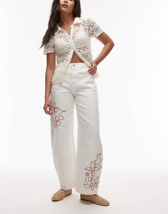 Topshop barrel jean with red embroidery in ecru-White