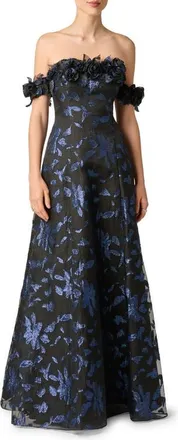 Aidan Mattox Metallic Jacquard Organza Off the Shoulder Gown in Navy/black at Nordstrom, Size 14