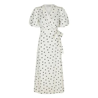 Neo Noir Kleedjes, Dames, Wit, S, Linnen, Clarine Linnen Dot Jurk