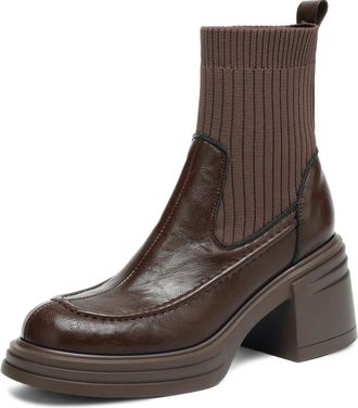 Generic Women Retro Round Toe PU Leather Ankle Boots Chunky Block Platform Heels Slip On Ribbed Knit Sock Fit Cushioned Non Slip Comfortable Durable Fashion,B