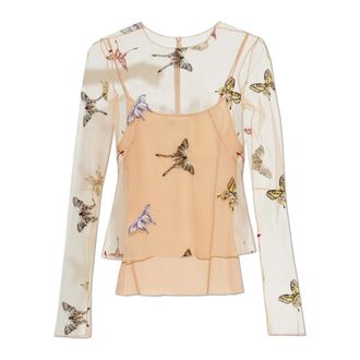 Blumarine Long Sleeve Tops, female, Beige, Size: 3XS Tulle Top with Butterfly Motif