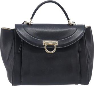 Ferragamo Sofia Rainbow Saddle Leather Black Leather Handbag (Pre-Owned)