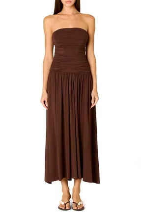 Nia Santal Ruched Strapless Midi Dress in Java at Nordstrom, Size X-Large
