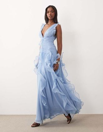 Asos Vestito lungo arricciato blu crepuscolare con dettaglio a cascata