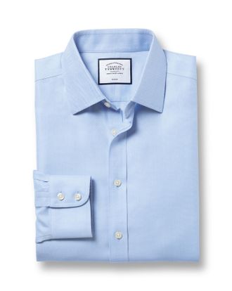 CHARLES TYRWHITT Non-Iron Herringbone Cotton Formal Shirt - Sky Blue Single Cuff Size Medium by Charles Tyrwhitt