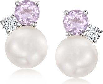 Ross-Simons 6.5mm Cultured Pearl and. Amethyst Earrings With. Lab-Grown Diamonds in Sterling Silver