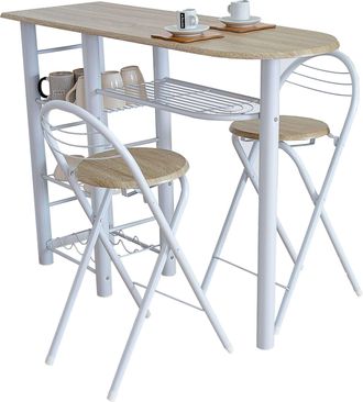 Dupi Mesa Alta De Cocina Office Estilo N&oacute;rdico En Blanco Y Madera Clara Con 2 Taburetes Plegables 40x88x120 Cm