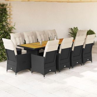 vidaXL Set De Mesa Y Sillas De Jard&iacute;n 11 Pzas Y Cojines Rat&aacute;n Pe Negro Vidaxl
