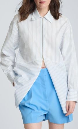 Kenneth Cole Oversize Half Zip Split Front Cotton Blend Top in Pure White /Lake Blue at Nordstrom, Size X-Small