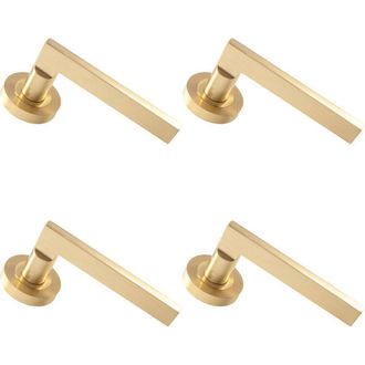 Loops 4x PAIR Straight Plinth Mounted Handle on Round Rose Concealed Fix Satin Brass in Metallics