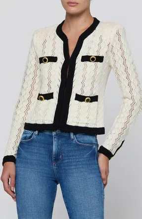 L'agence Zephyra Pointelle Open Front Cardigan in Ivory/black at Nordstrom, Size Xx-Small