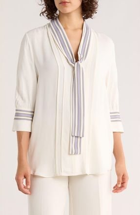 BOSS Be Stripe Tie Neck Short Sleeve Top in Open White at Nordstrom Rack, Size 10