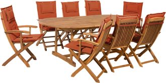 Beliani Conjunto De Comedor De Jard&iacute;n De Madera De Acacia Clara Con Cojines Rojos Para 8 Personas Con Sillas Plegables Maui