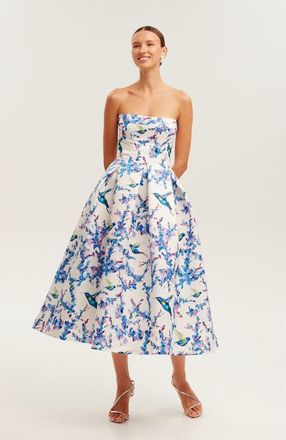 Milla Corset Midi Formal Occasion Dress in Lavender Birds at Nordstrom, Size 0