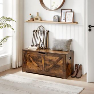 Vasagle Large Farmhouse Storage Bench Blanket Box Safety Hinges Chest in Brown
