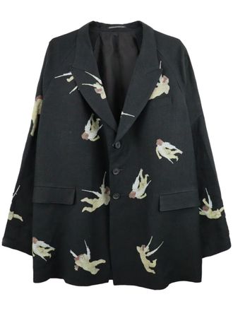 Yohji Yamamoto angels-print single-breasted blazer - men - Linen/Flax/Rayon - 2 - Black