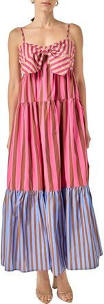English Factory Stripe Bow Sleeveless Tiered Maxi Dress in Multi Pink at Nordstrom, Size X-Small