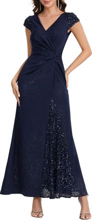Ever-pretty Womens Sparkly Sequin Evening Gown Short Sleeve Ruched Formal Evening Party Dress for Wedding Guest Navy Blue 18