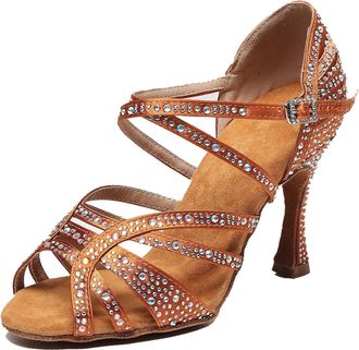 Miyoopark Womens Salsa Latin Dance Shoes with Rhinestones Wedding Evening Sandals Z026 Bronze 9cm Heel UK 5