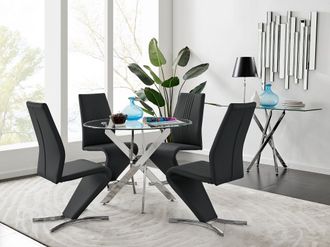 Furniturebox Novara Round 100cm Chrome Metal & Glass Dining Table & 4 Willow Dining Chairs Set in Black