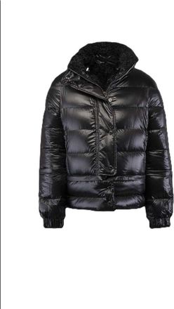 Moorer Womens Black Puffer Jacket With Shearling Collar, Size 46