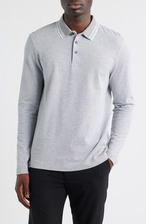 BOSS Pittman Long Sleeve Cotton Piqu&eacute; Polo in Silver at Nordstrom, Size Xx-Large
