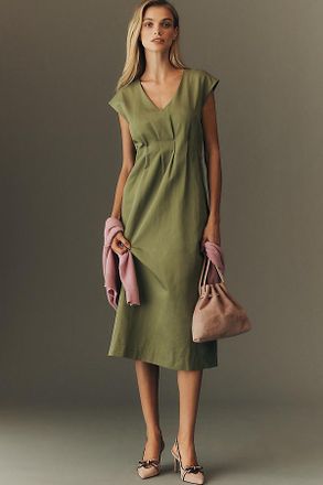 Maeve Linen Blend Short-Sleeve Waisted Midi Dress