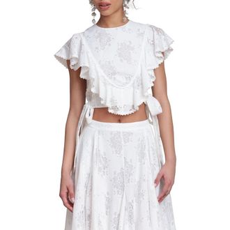 Avec Les Filles Lace & Ruffle Crop Top in White at Nordstrom, Size X-Large